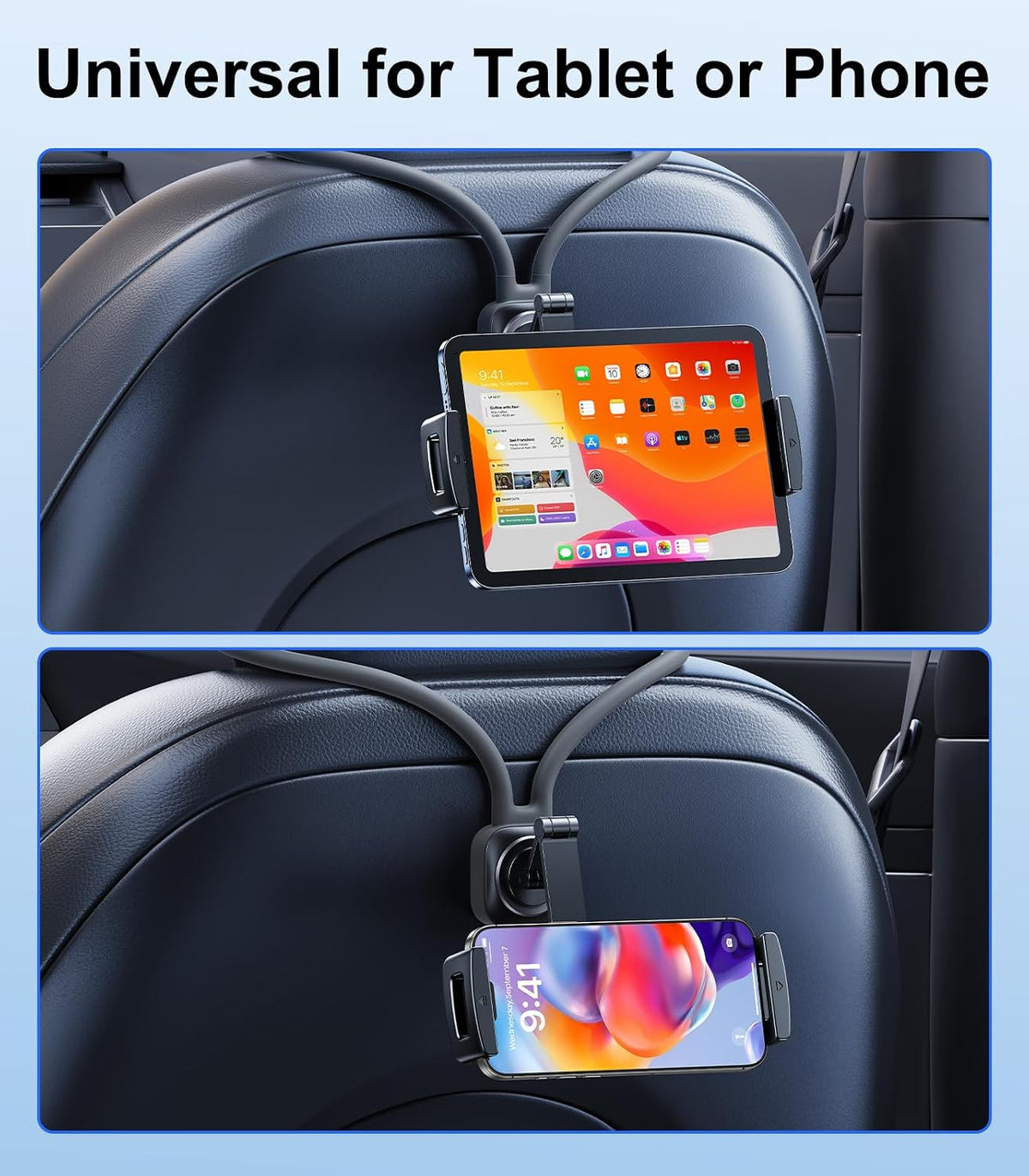 Car iPad Tablet Holder Back Seat Accessories for Tesla/Sport/Bucket/Performance Seats, Rear Headrest Tablet Hanger Mount for Kids/Adults, Road Trip Essentials with Car TV/Entertainment Gadgets