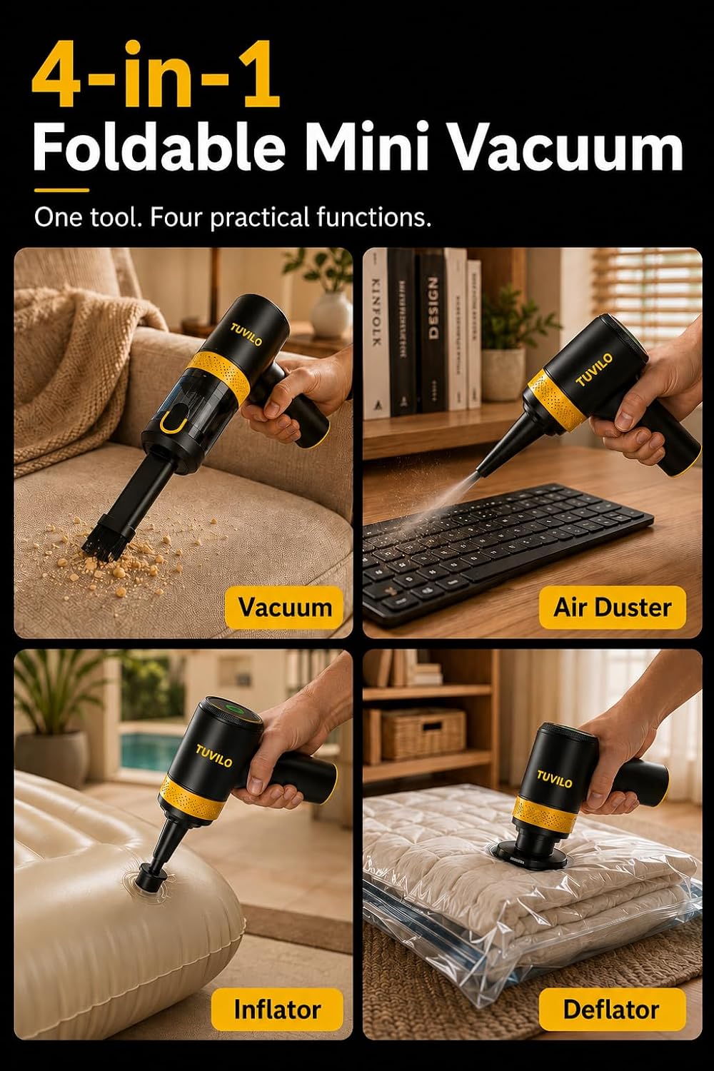tuvilo Foldable Handheld Vacuum and Blower 4-in-1, 15600Pa Cordless Car Vacuum with Self-Cleaning System, Portable Mini Vacuum Cleaner for Car Home Office Pet Hair, USB-C Rechargeable, Pro Kit