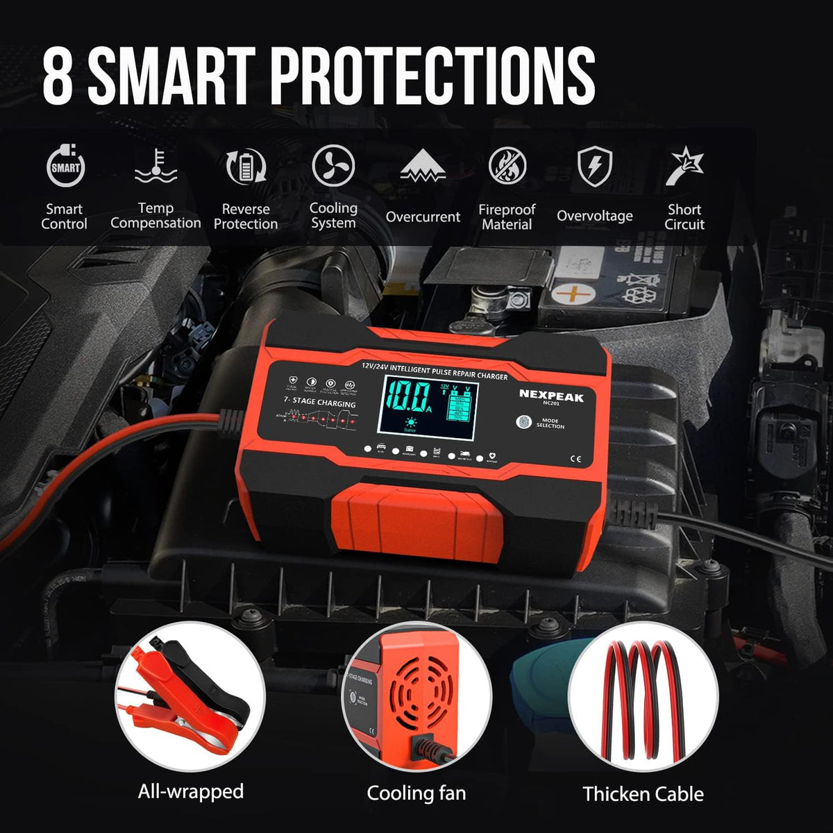 10-Amp Car Battery Charger, 12V and 24V Smart Fully Automatic Battery Charger Maintainer Trickle Charger w/Temperature Compensation for Car Truck Motorcycle Lawn Mower Boat Marine Lead Acid Batteries