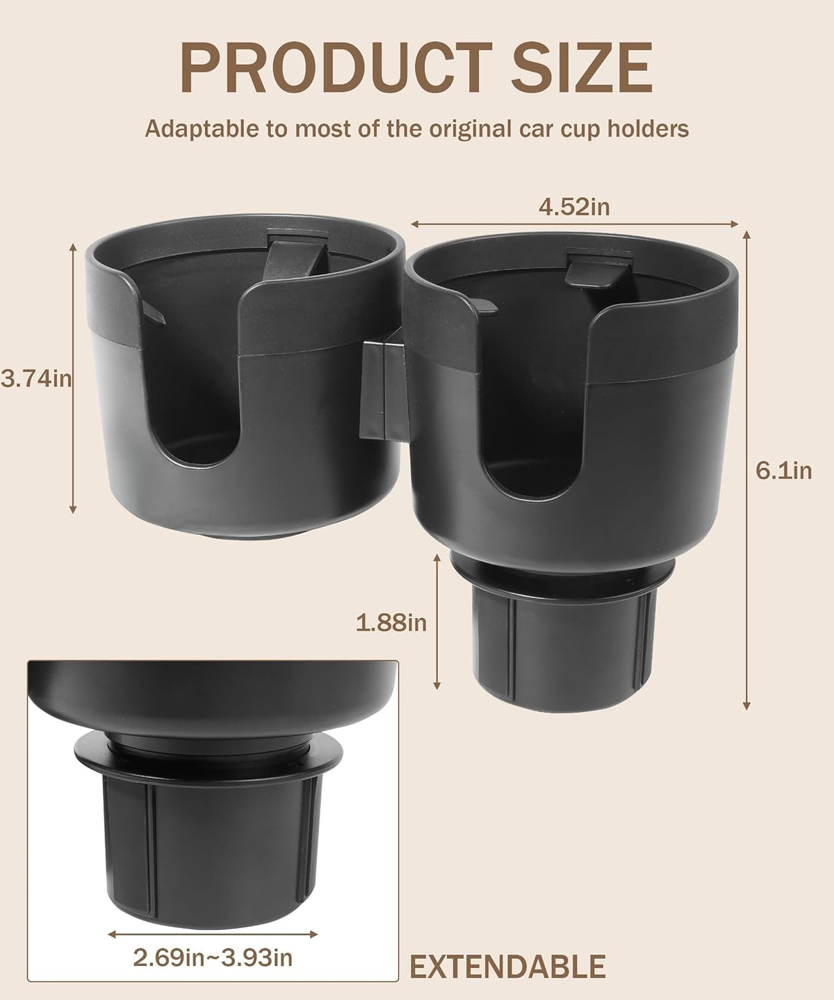 Unifizz 2-in-1 Multifunctional Car Cup Holder Expander Adapter - Black ABS Plastic - Universal Fit