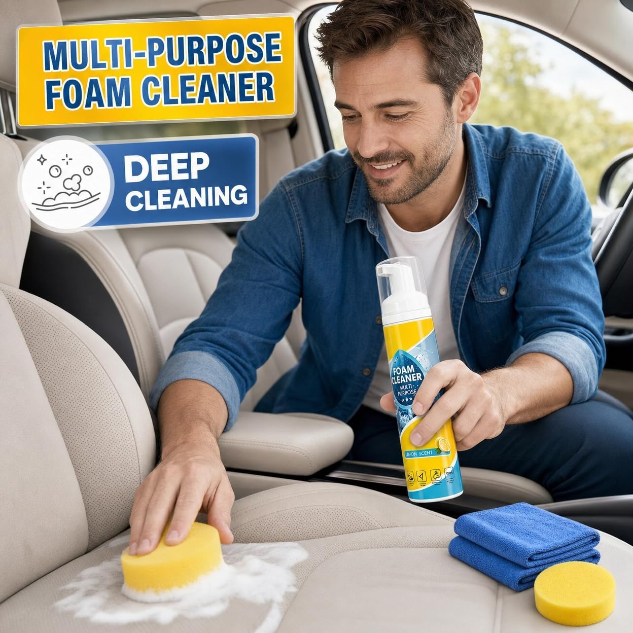Car Interior Foam Cleaner Kit, No-Rinse Spray, 2 x 4 fl oz | 2 x 4 fl oz no-rinse car interior foam cleaner kit with 2 towels and 2 sponges for dashboard, seats, carpet and upholstery