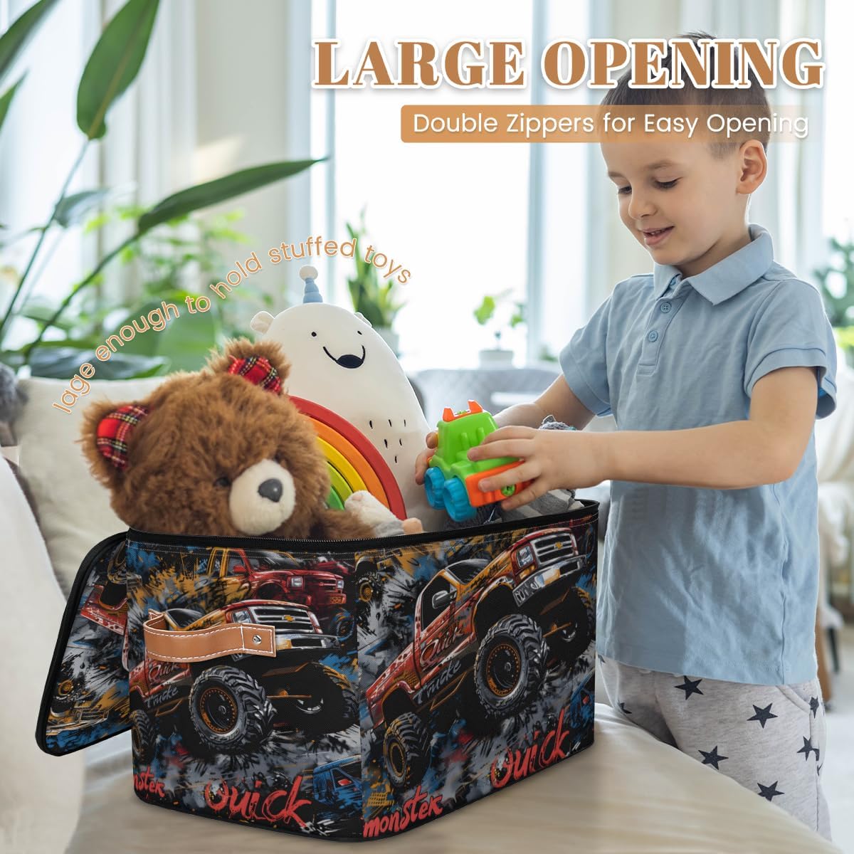 Storage Bin with Lid, Stackable Closet Storage Bins, Cool Trucks Decorative Bedroom Organizer Box, Lidded Baskets Living Room Storages Boxes Cube Organizer, Cute Container with Handles