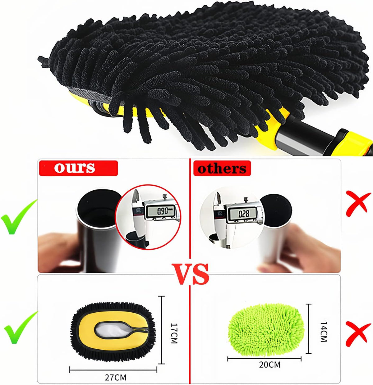 Mveqrrn15°Curved Chenille Car Wash Brush, Extendable Long Handle Mop-Yellow