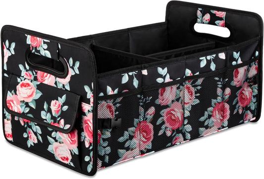 Car Trunk Organizer, Collapsible Car Organizers and Storage Black Floral | Sturdy, Large Capacity, Clean Decor, Multi Compartment Container Box, Adjustable Car Accessories for SUV Sedan Truck