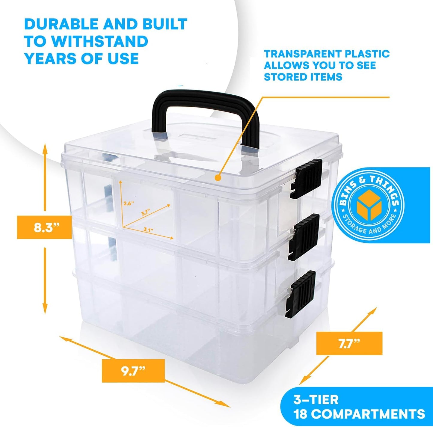 Bins & Things 3-Tier Sewing Kit - Stackable Craft Storage Box with Dividers - Plastic Nail Polish Organizer, Storage Containers for Beads, Sewing Supplies and Art Organizers - Large