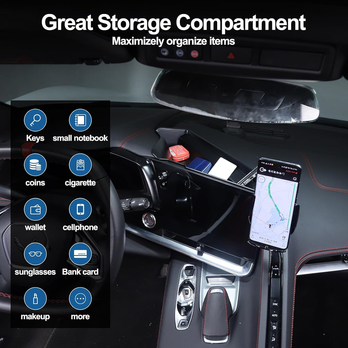 for Corvette C8 Center Console Tray Phone Holder Mount Organizer,360 Degree Rotatable Phone Holder Stand Navigation Screen Rear Storage Box Organizer Tray for Corvette C8 2020-2024 2025 (Style B)