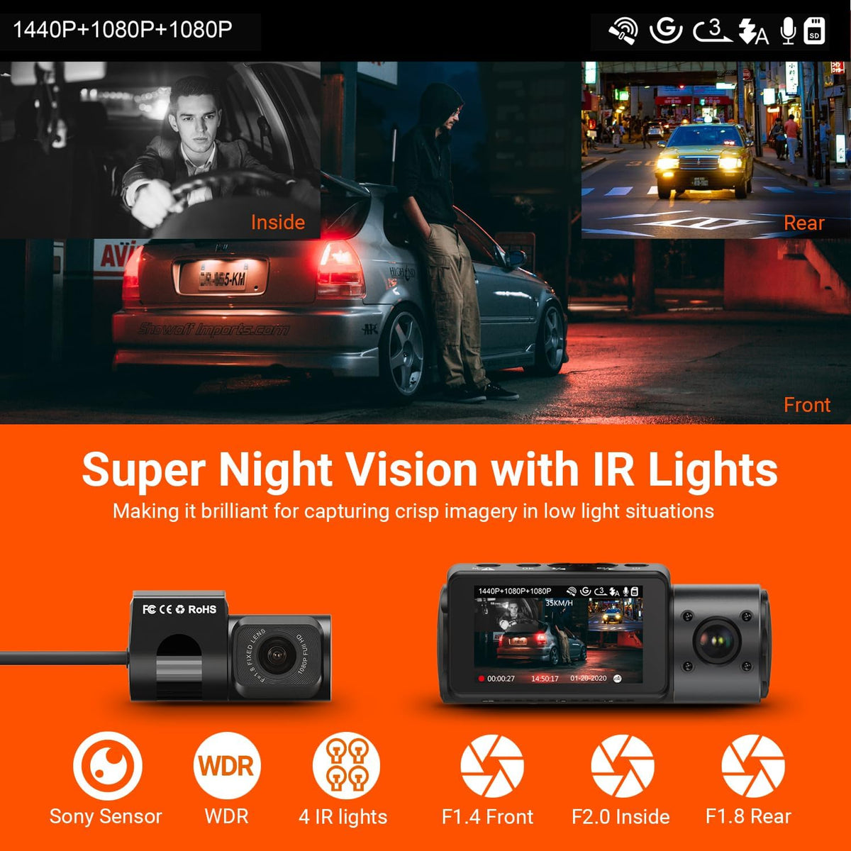 VANTRUE N4 3 Channel Dash Cam Front Inside Rear