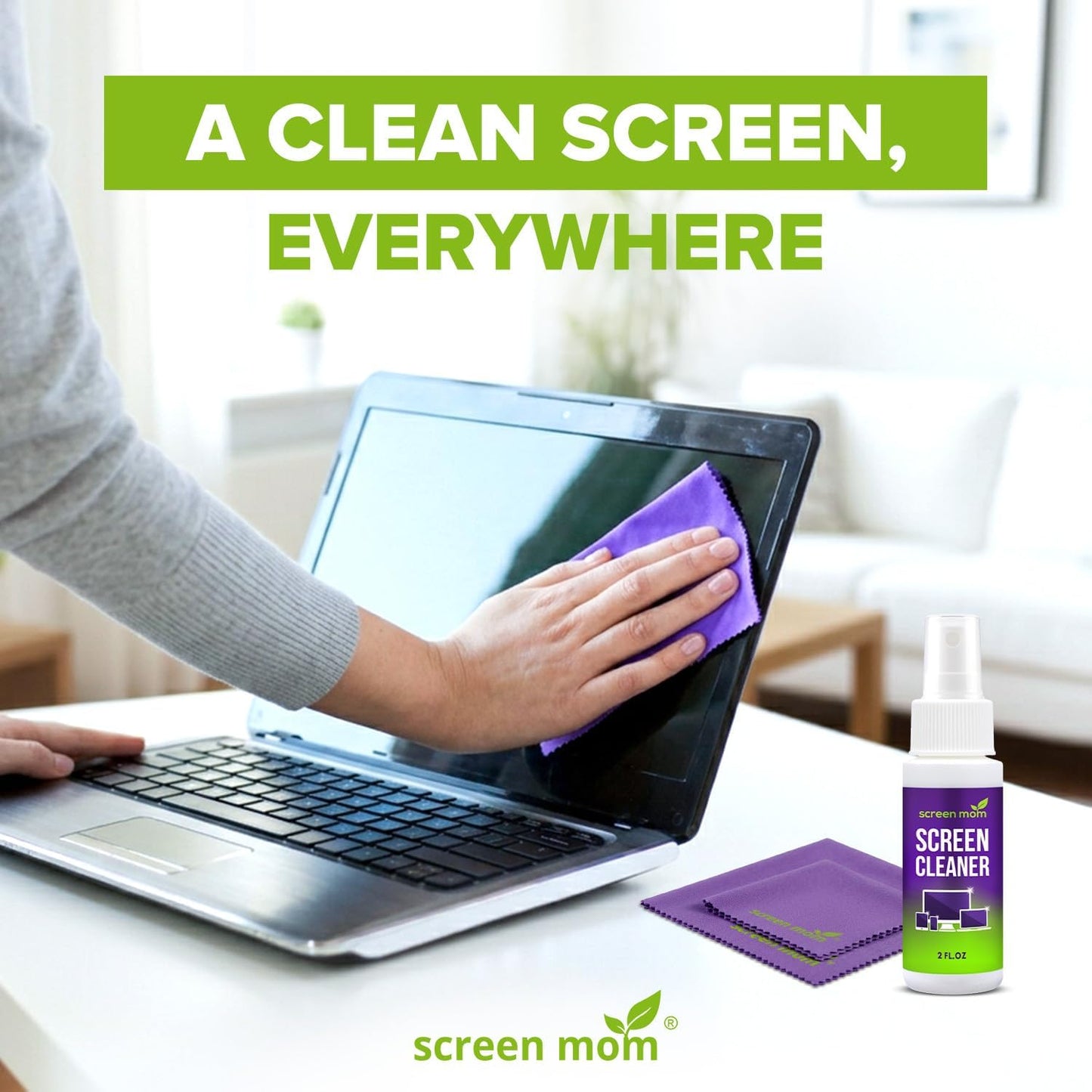 Screen Cleaner Spray and 2 Microfiber Cloths - 2oz Bottle by Screen Mom-Screen Cleaner Spray and Wipe for TV, Computer, Phone, iPad, Car Screen Cleaning Kit Electronic Cleaner Spray