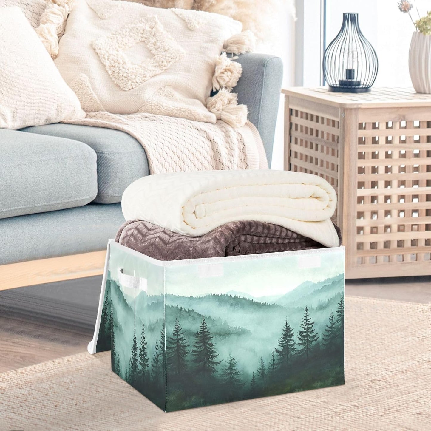 Green Mountains and Pine Trees Collapsible Storage Bins with Lids Decorative Fabric Cubes Closet Organizer Basket Boxes Containers for Clothes Box Chest Nurs