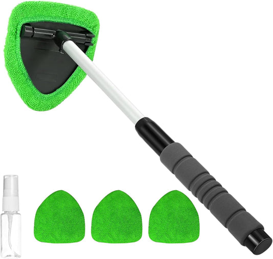Windshield Cleaning Tool, Car Cleaning Window Tool, Car Interior Window Cleaning Kit with Extendable Handle & 4 Microfiber Pads, Auto Wiper Inside Windshield Brush for Windows (Green)