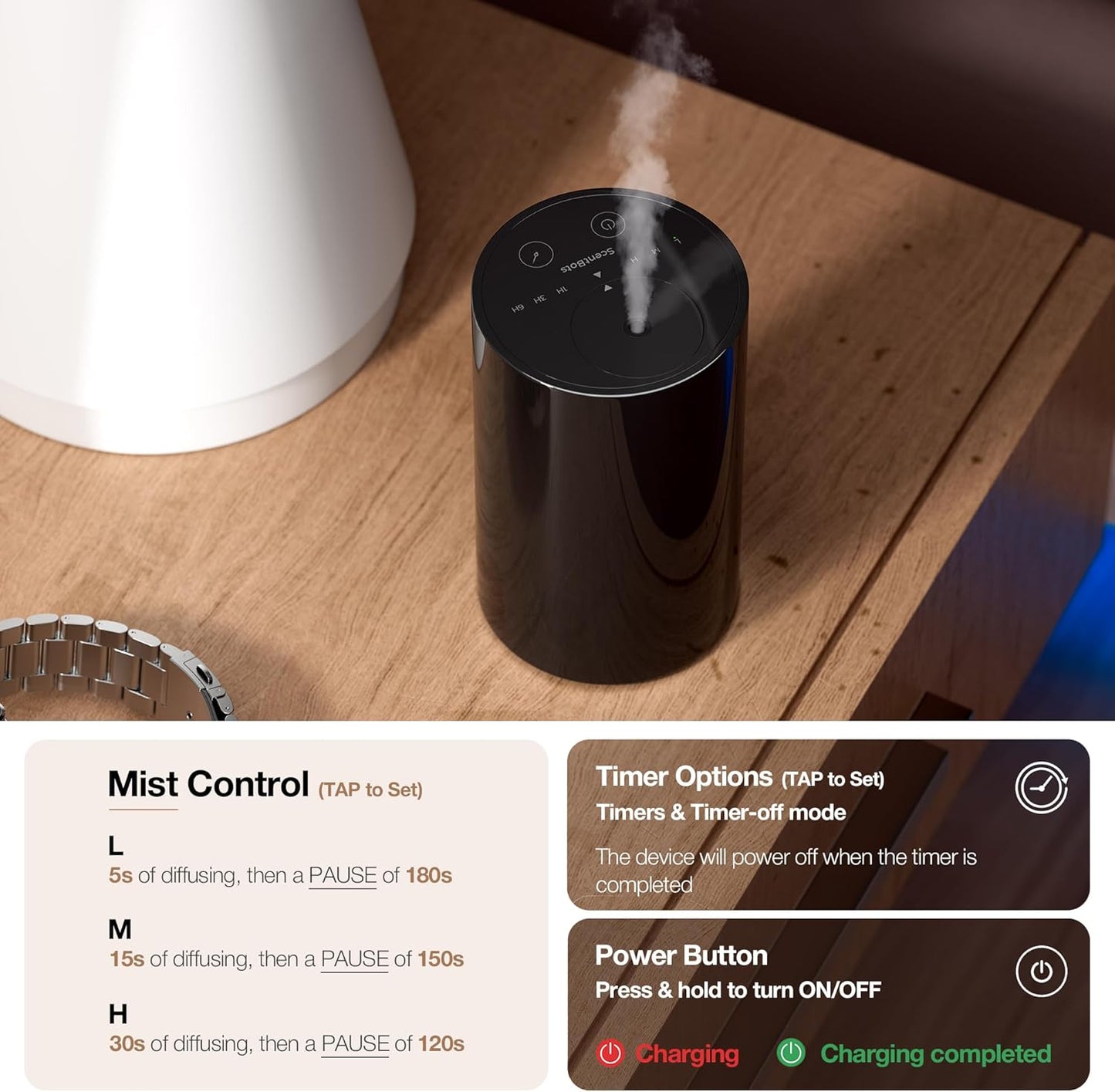 Waterless Essential Oil Diffuser for Home, Cordless Rechargeable Aromatherapy Scent Air Diffuser with 1/3/6H Countdown Timers or Timer-Off, L/M/H Mist Levels for Car Room Hotel Office, White