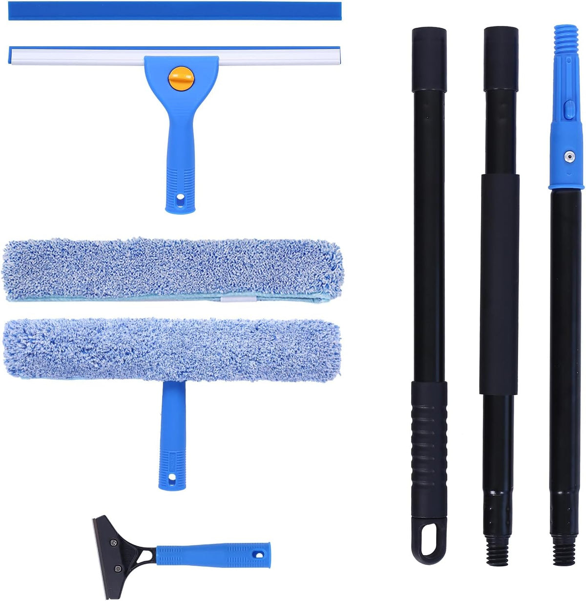 3-in-1 Professional Window Squeegee Kit with 2 Squeegee, 2 Microfiber Scrubber, 1 Razor Scraper, Thick Iron, 77.5" Window Squeegee with Extension Pole for Car, Glass, Mirror, Wall, Bathroom, Home, Van