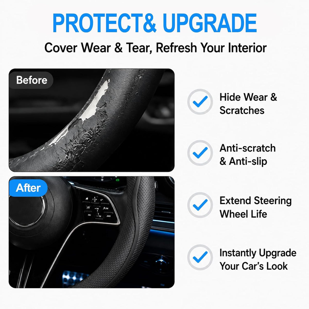 Car Steering Wheel Cover Full Surround - Soft Breathable Anti-Slip Heavyweight Safety Cover, Thick Cushioned Sports Style Universal Fit for Auto Truck SUV (Black)