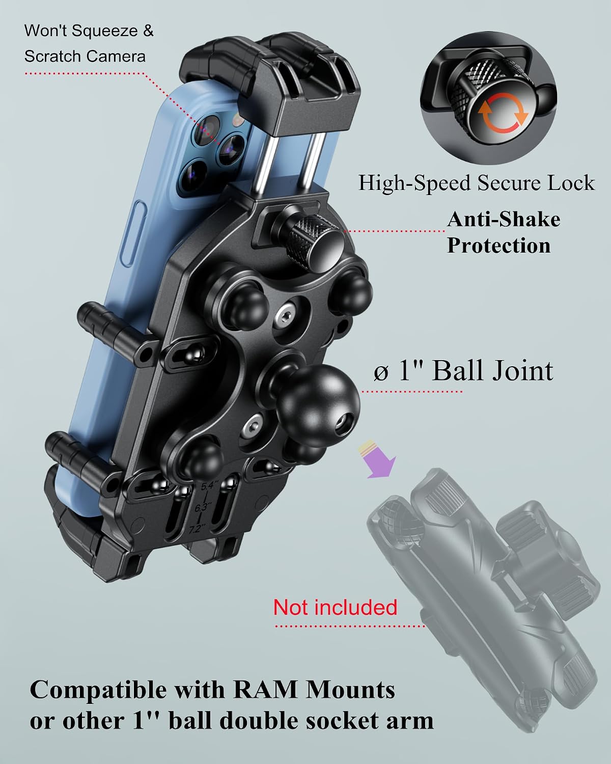 BRCOVAN 1'' Ball Phone Mount Holder with Vibration Dampener & Secure Lock
