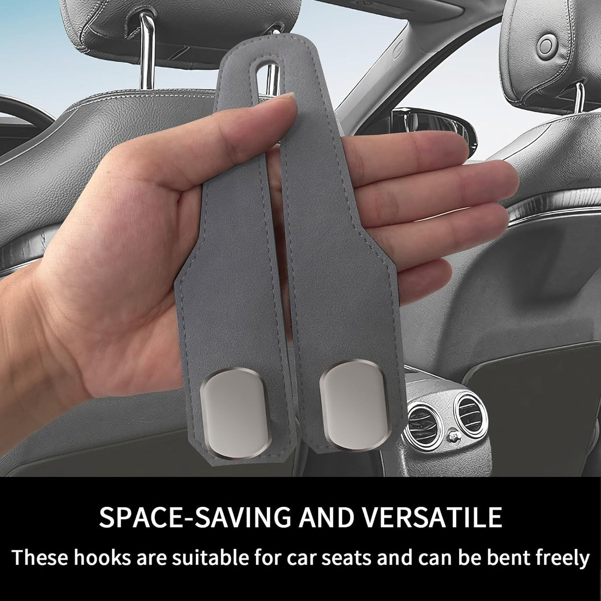 Car Purse Hook, Car Seat Headrest Hooks, Grey Leather 4 Pack