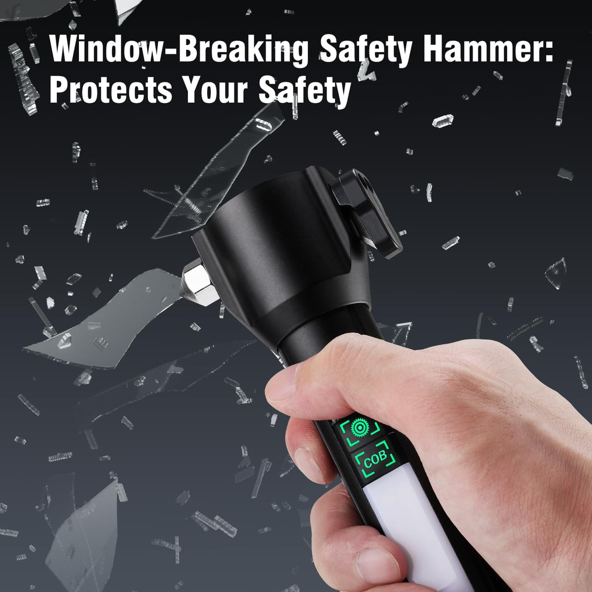 Car Window Breaker Seatbelt Cutter with LED Flashlight, Rechargeable Emergency Hammer, Glass Breaker Tool, Strobe SOS Beacon, USB-C Charging