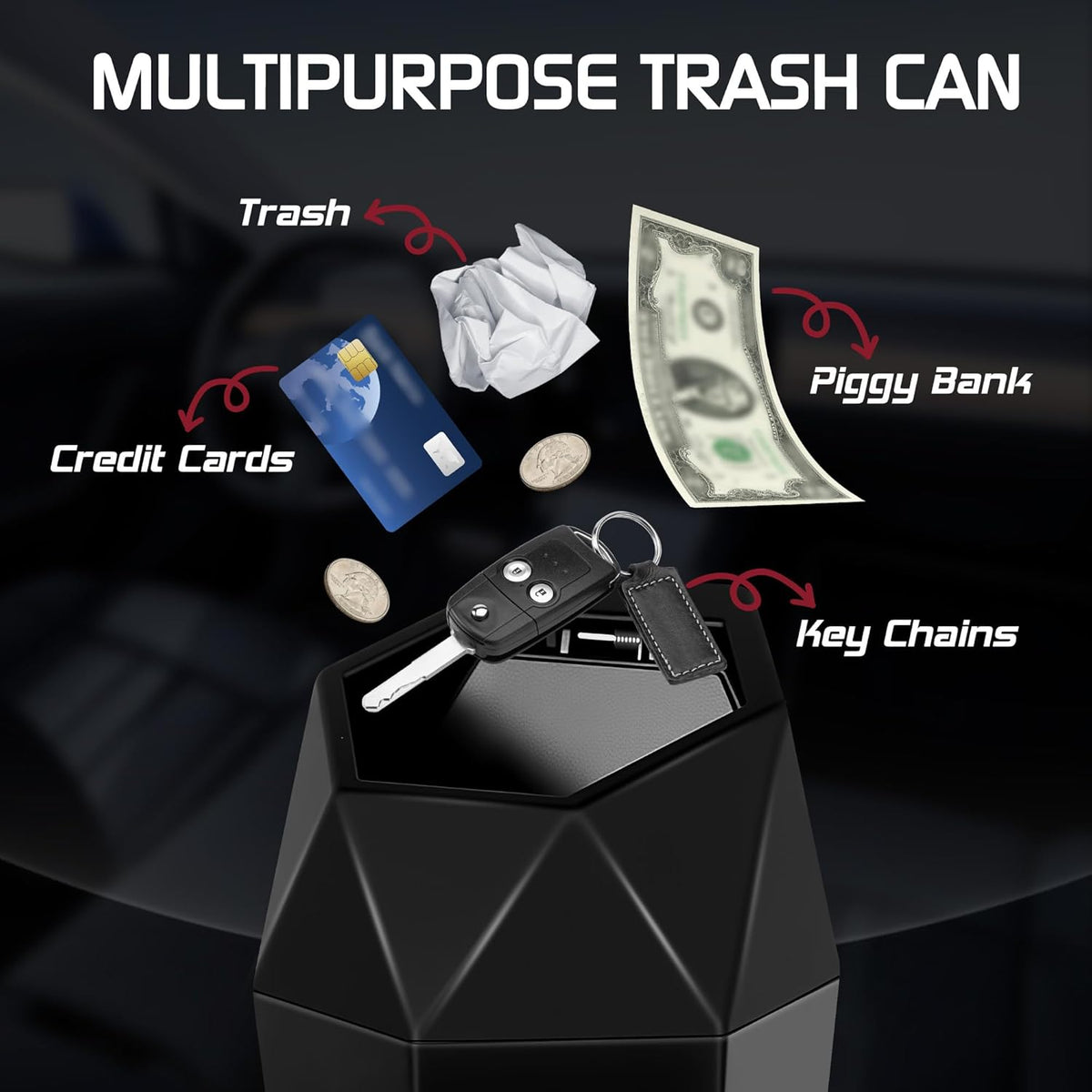 Car Trash Can with Lid, Mini Car Trash Cup with 30 Additional Trash Bags, Car Accessories for Interior, Leakproof Vehicle Garbage Bin for Car, Home, Office - 2 Packs, Black