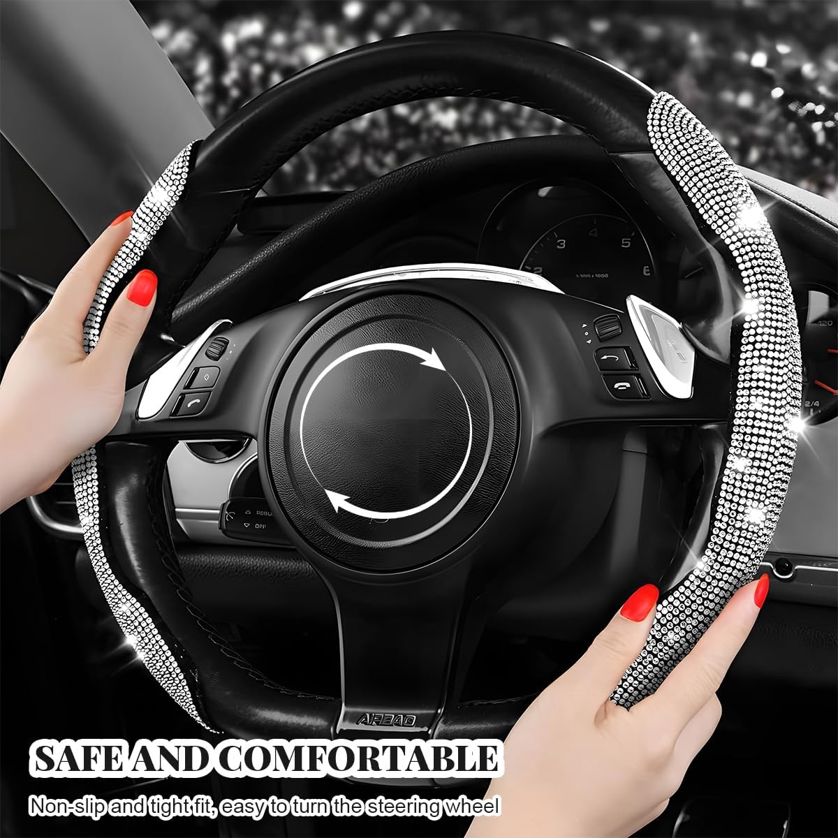2 PCS Steering Wheel Cover, Segmented Car Wheel Covers with Crystal Rhinestones, Non-Slip Protector Bling Sparkly Decoration for Most Steering Wheels, Car Accessories (Red)
