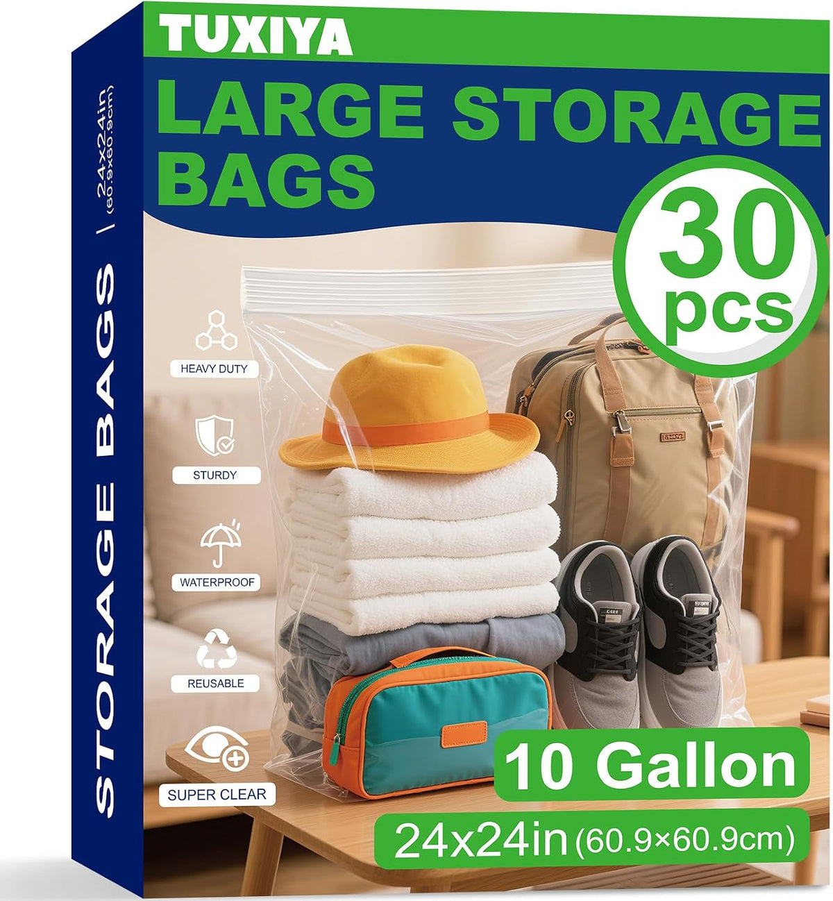 TUXIYA 30PACK 10 Gallon Extra Large Zipper Plastic Bags for Storage 24"x24"