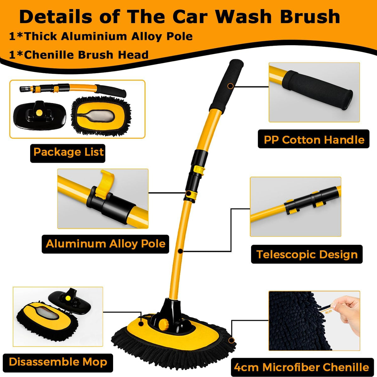 15° Curved Car Wash Brush, 43" Telescopic Handle, Soft Microfiber Mop