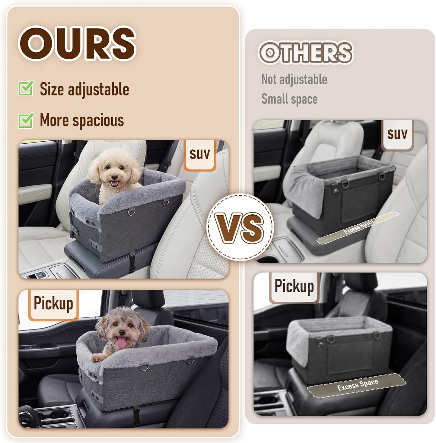 Small Dog Car Seat - Portable Center Console Puppy Booster Seats(Dark Grey) | Support Pet Up to 11lbs, Adjustable Width Travel Carseat for SUV, Small Truck, Full-size Truck