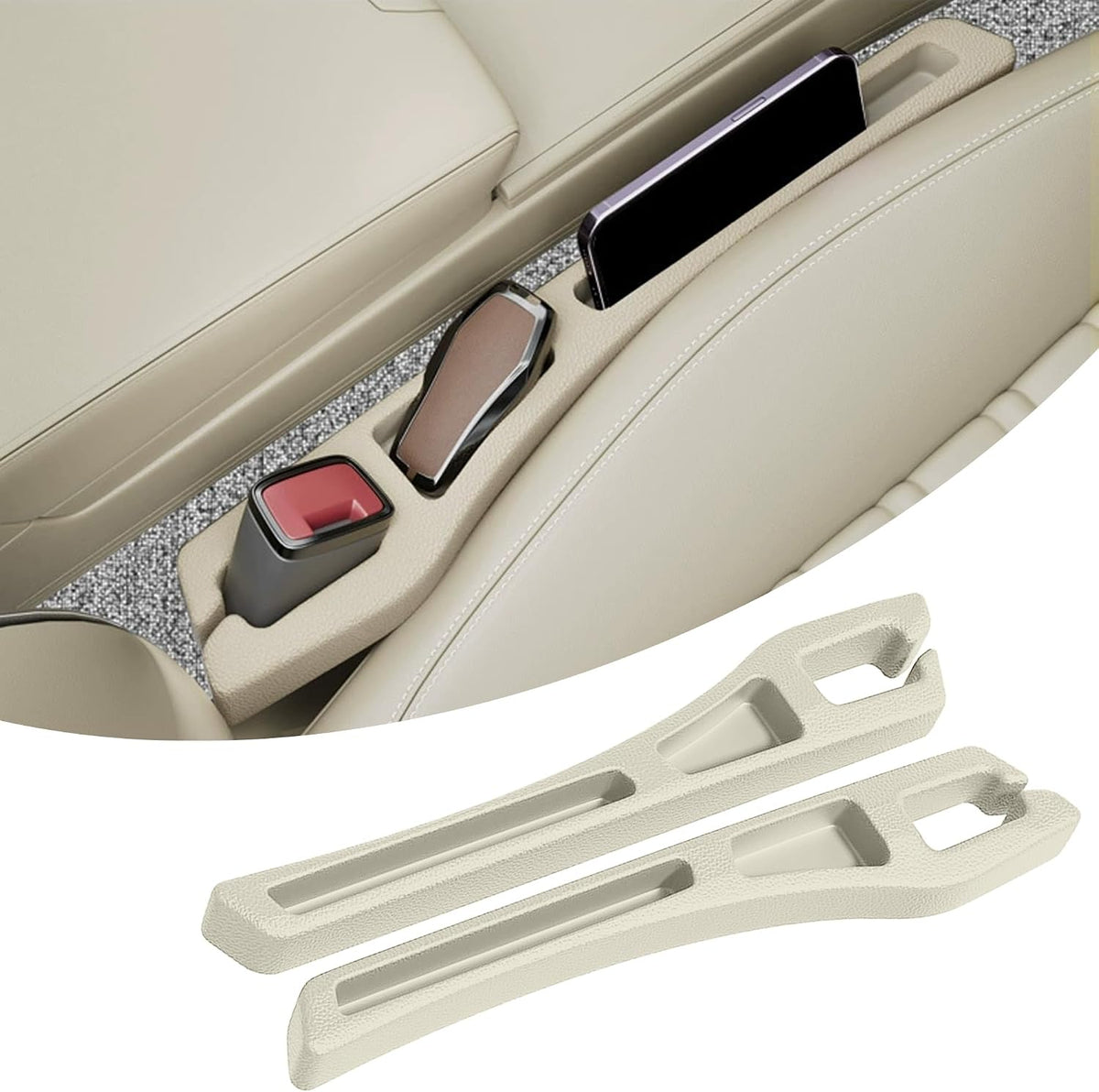2PCS Car Seat Gap Filler Organizer, Multifunctional Car Gap Filler with Fill and Storage Function for Storing Phones Keys Cards, Universal No Drop Seat Guard for Cars (Beige)