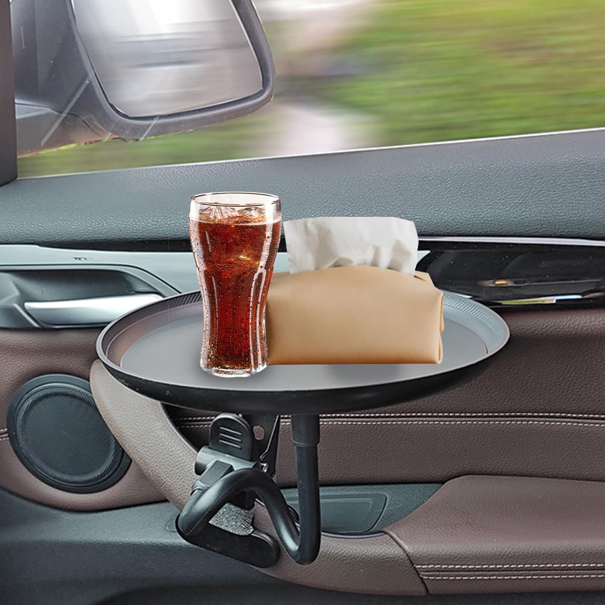Car Adjustable Food Tray, 360 Degree Swivel Non-Slip Clip Type Vehicle Snack Drink Cup Eating Table, 8.7" Diameter Automotive Food Storage Dining Tray, Universal for Vehicles
