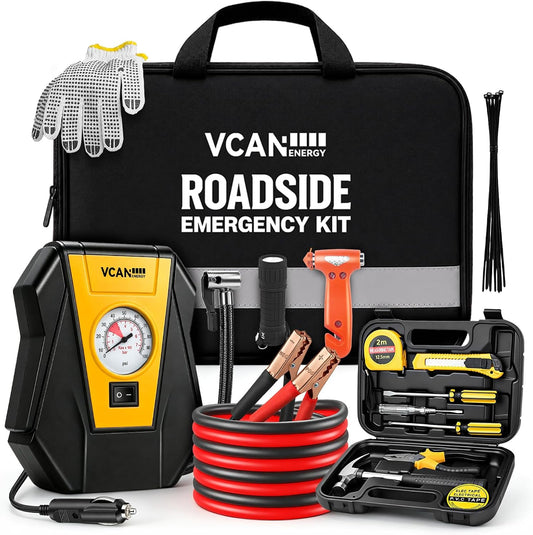 Car Emergency Safety Kit Bag with Portable Air Compressor for Vehicles