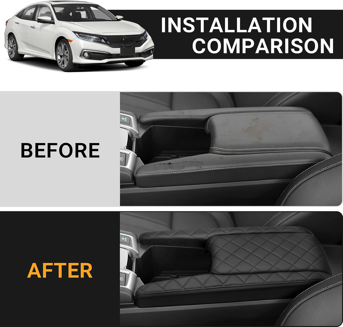 3PCS Center Console Cover Compatible with Honda Civic 2016-2021 LX/Sport/EX/Si/Touring Accessories Leather Armrest Cover Center Console Side Covers