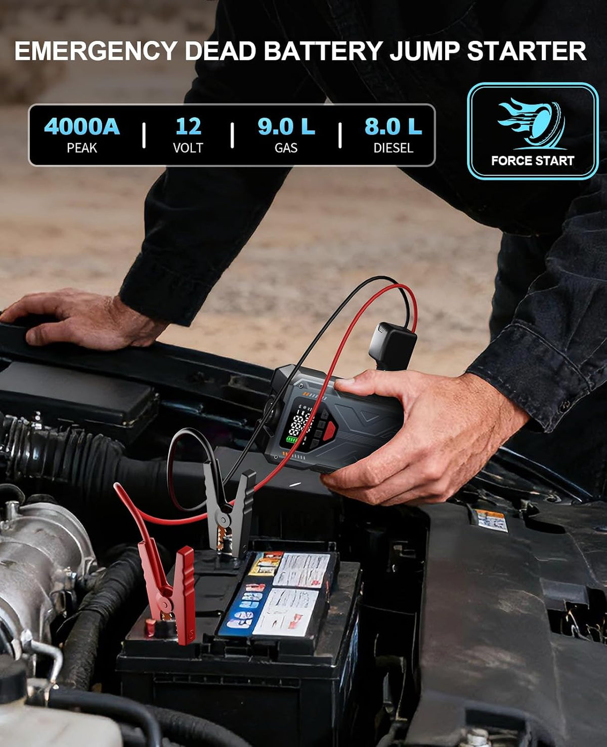 Jump Starter with Air Compressor, 4000A 12V Portable Car Jump Box, 150PSI Tire Inflator Battery Jumper Booster, Power Bank LED Flashlight, Car Emergency Kit for Vehicles (9.0L Gas / 8.0L Diesel)