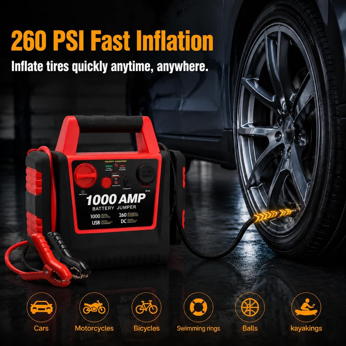 4 in 1 Battery Booster Jump Starter with Air Compressor Portable 260PSI Tire Inflator,1000 Amp Jumper starter power pack Jump Box,12V Power Station with USB Port and DC Outlet