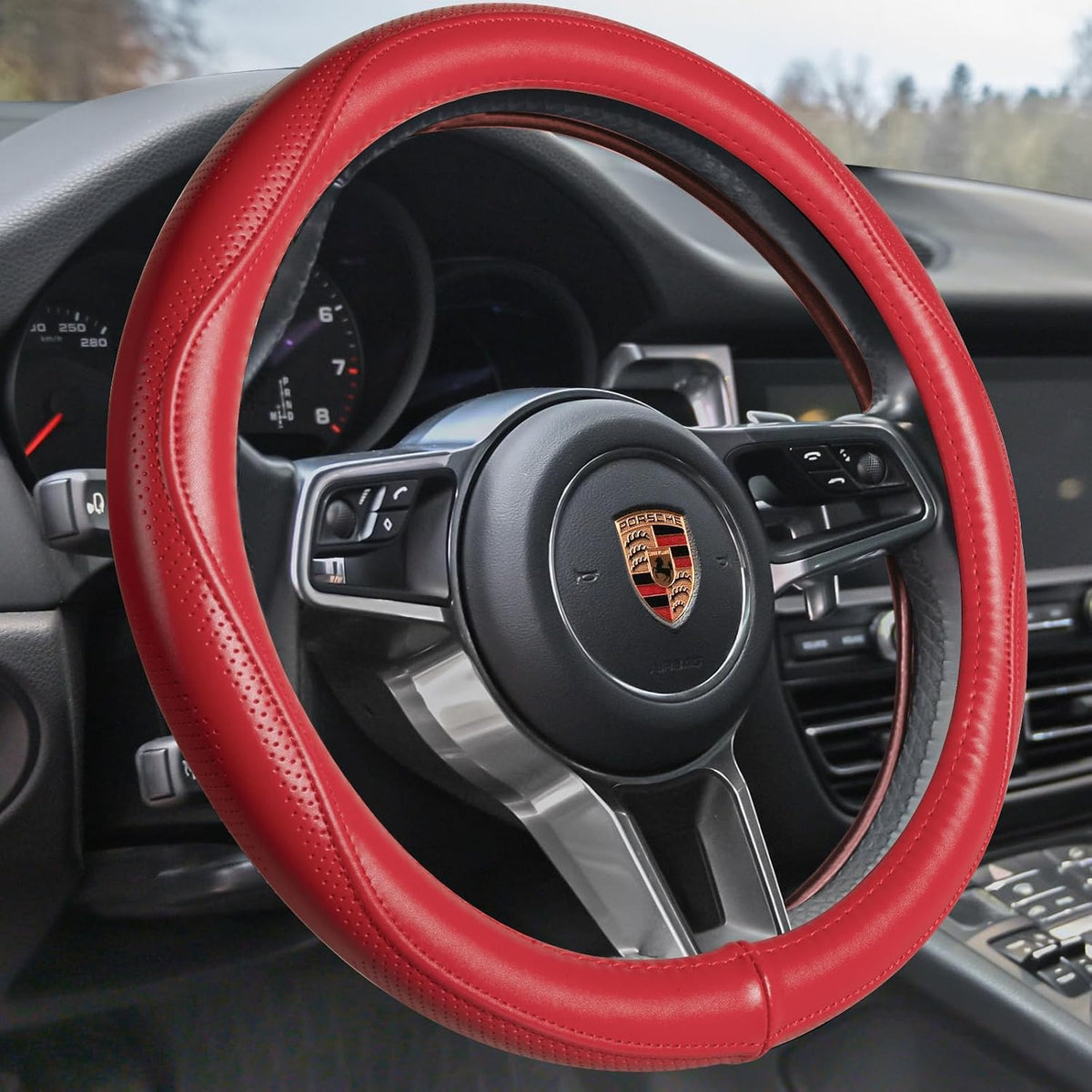 HAOKAY Top Grade Brown Genuine Leather Steering Wheel Cover Men Women, Luxury Steering Wheel Cover for Cars, SUVS and Trucks, Universal 14.5-15 inch
