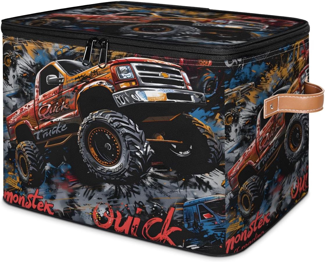 Storage Bin with Lid, Stackable Closet Storage Bins, Cool Trucks Decorative Bedroom Organizer Box, Lidded Baskets Living Room Storages Boxes Cube Organizer, Cute Container with Handles
