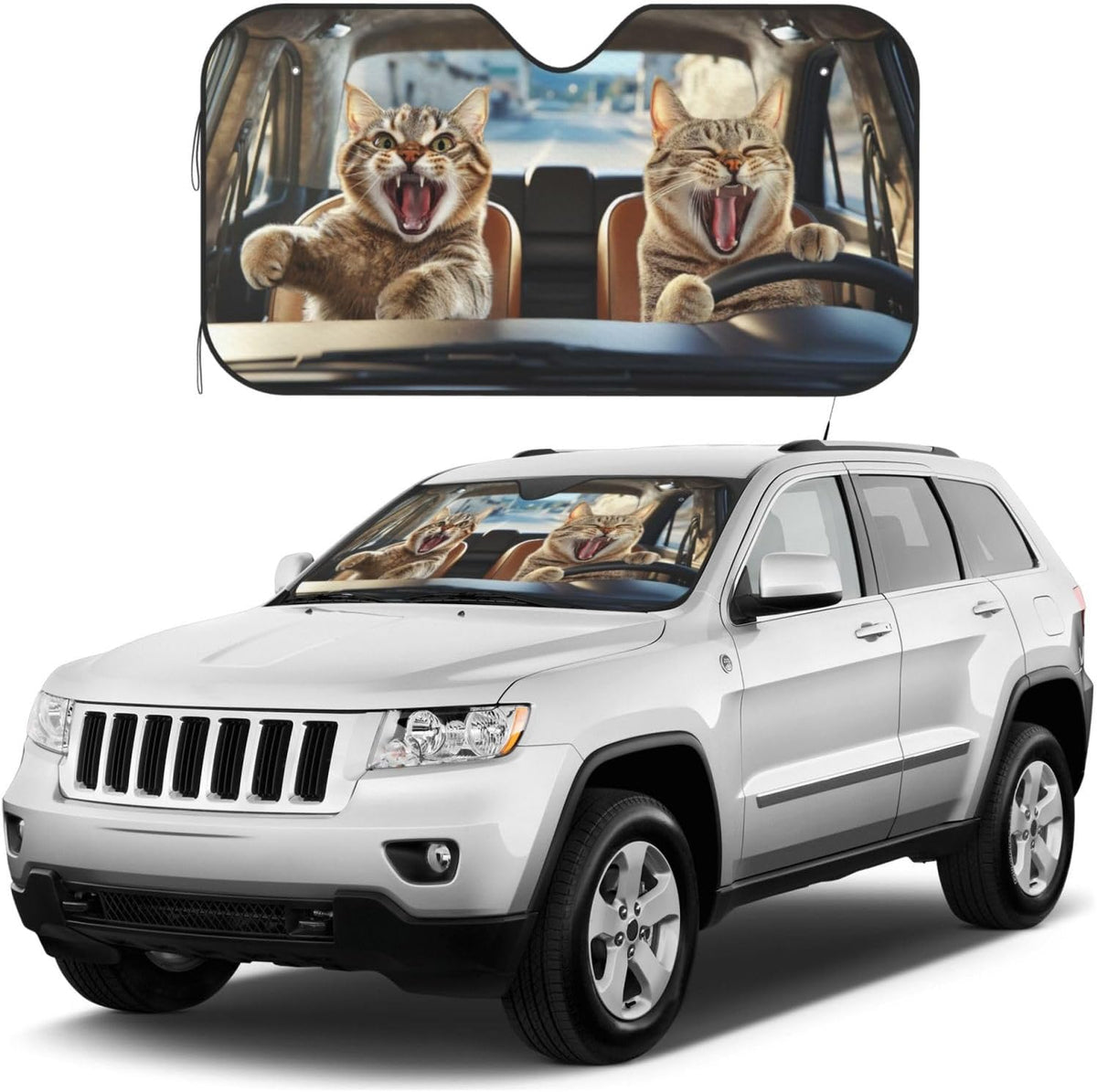 Funny Cat Car Windshield Sun Shade Cute Cats Foldable Sunshades Front Sun Visor Window Shades Cover Automotive Interior Protector Blocks Uv Rays 55" L X 30" W