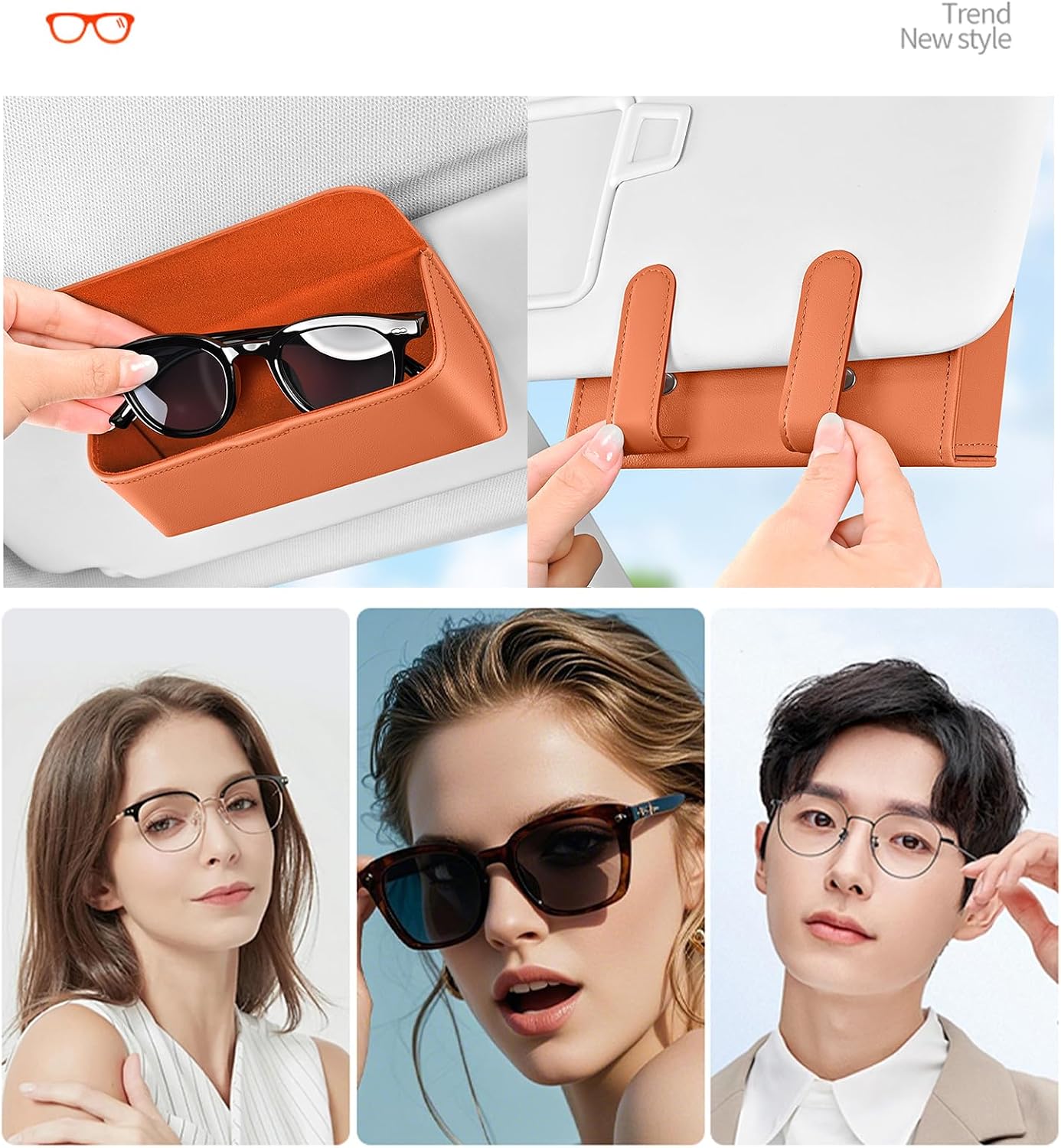 Universal Car Sunglasses Holder for Sun Visor, Premium Magnetic Leather Eyeglass Hanger Clip & Visor Organizer, Large Capacity Car Interior Accessories Fit for Women Men Black