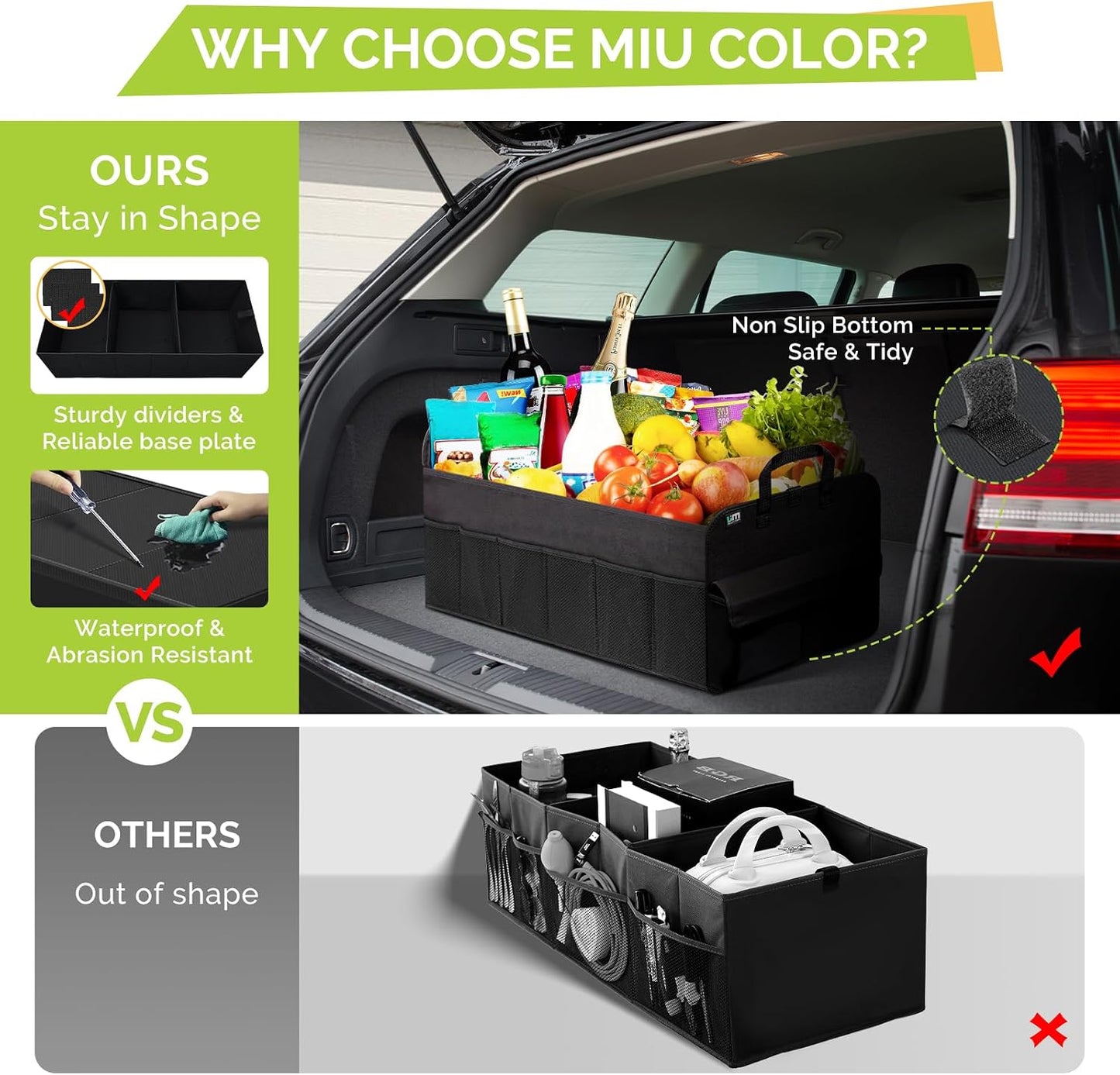 MIU COLOR Trunk Organizer for SUV, Collapsible Car Organizer with 12 Pockets, Non-Slip Bottom, Storage Organizer for Sedan, Van, Jeep, Grocery, Car Accessories, Large 3 Compartments, Black,32"×13"×12"