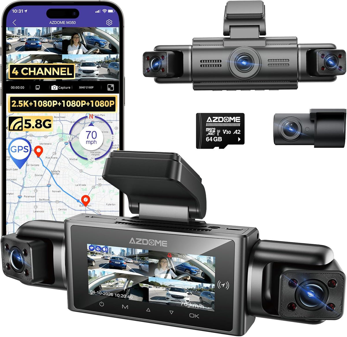 AZDOME M350 4 Channel 360 Dash Cam, 2.5K Front 1080P Rear Inside, GPS WiFi