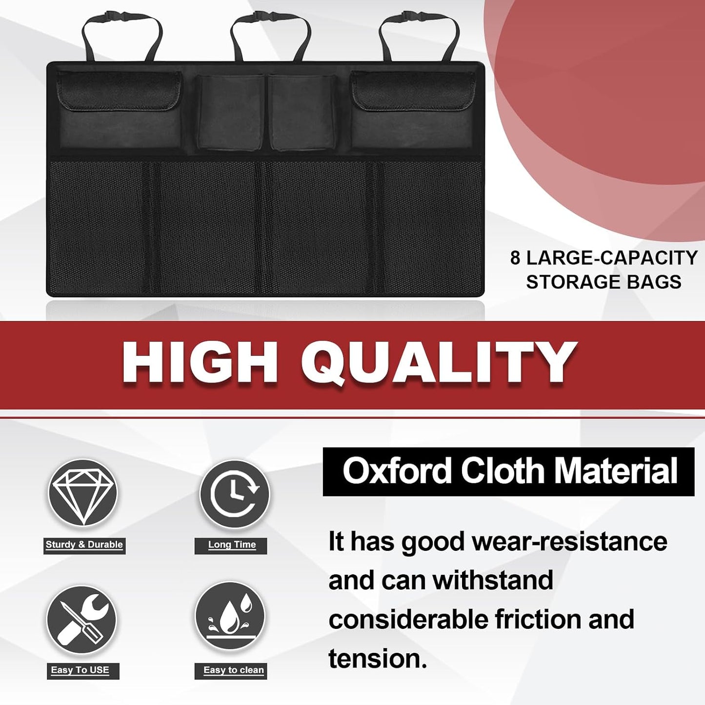Trunk Organizer with 8 Storage Pockets, Large Capacity Car Storage Bag, Automotive Interior Cargo Organization Storage Bag Accessories, Universal for SUV, Truck, Van