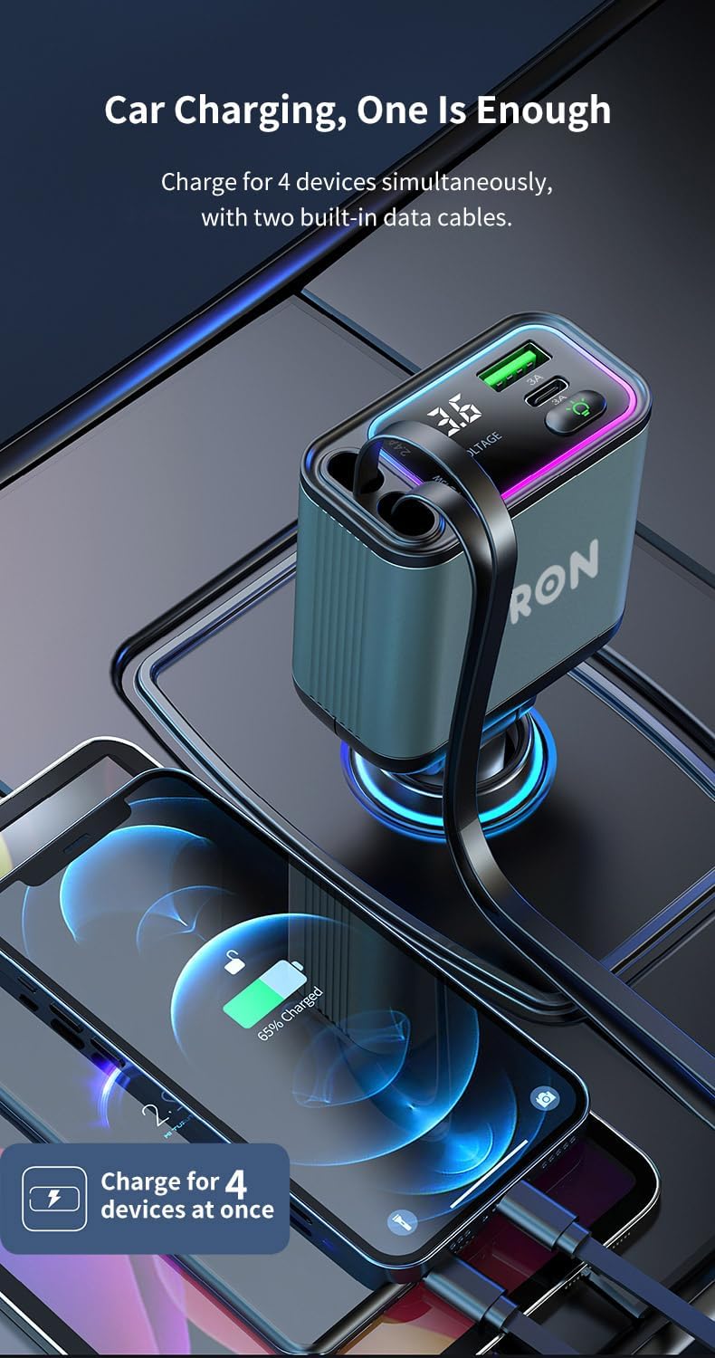 TRON 4 in-1, USB C Car Charger 65W,Retractable Cables (2.6Ft) and 2 USB Ports Car Charger Adapter,USB-C & USB-L Cable,Quick Charge for Android & iPhone &iPad,TR32