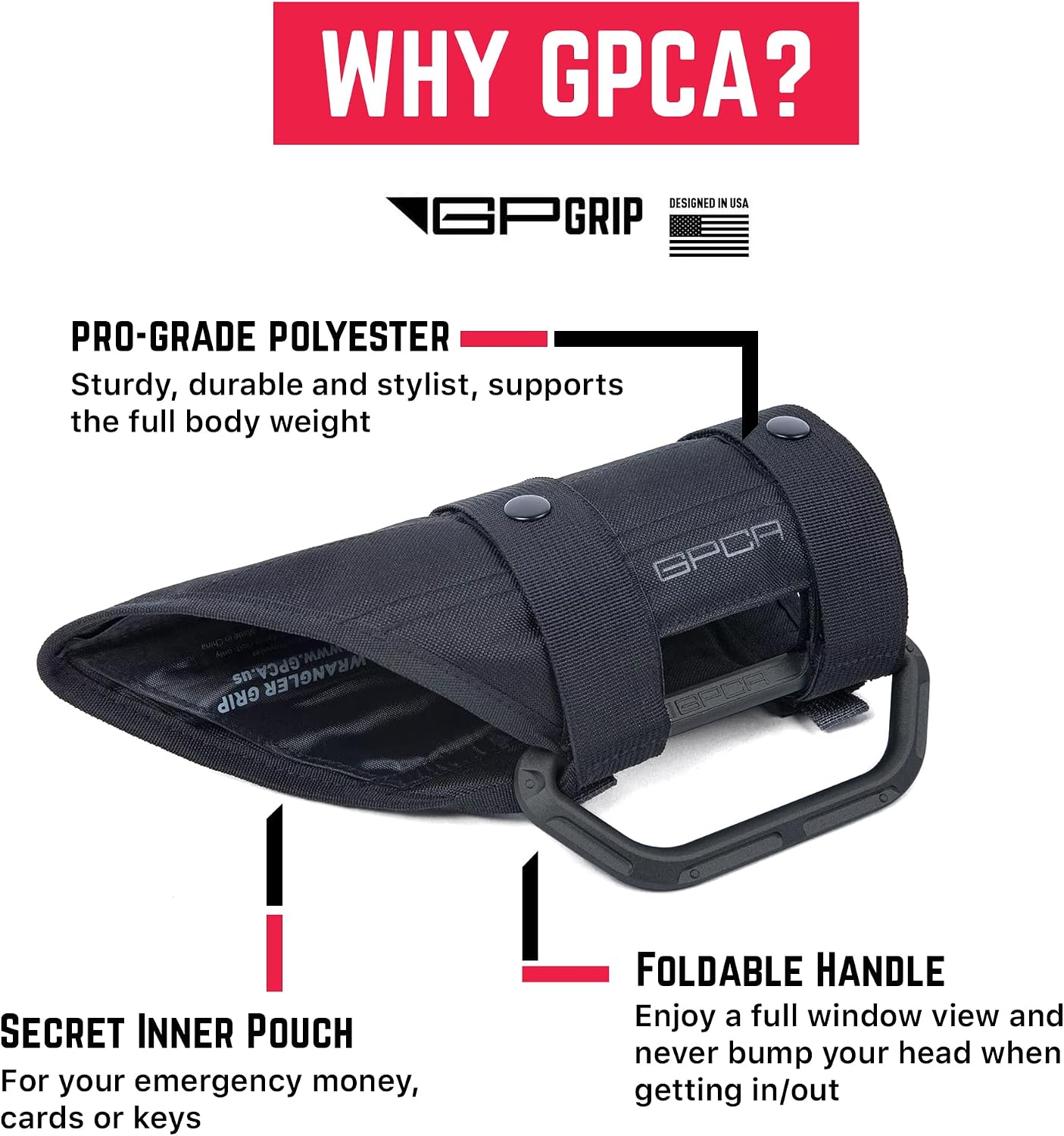 GPCA - GP Grip LITE Grab Handle for 2007-2023 Jeep Wrangler 4xe, JL, JT, JK, Sport, Sahara and Rubicon 4DR/2DR Aluminum Metal, Patented Roll Bar, 1 Pair, Jet Black