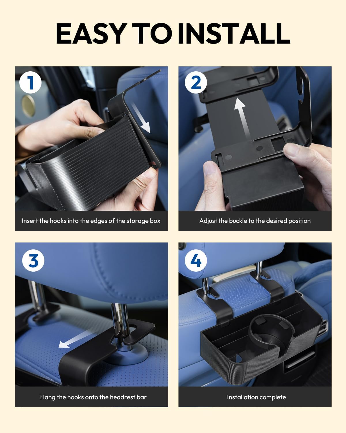 3 in 1 Car Headrest Backseat Organizer, Seat Back Organizer Headrest Strong Multi- Hanging Hooks with 3.7" Cup Holder for Car Headrest Backseat Travel Accessories, 2PCS