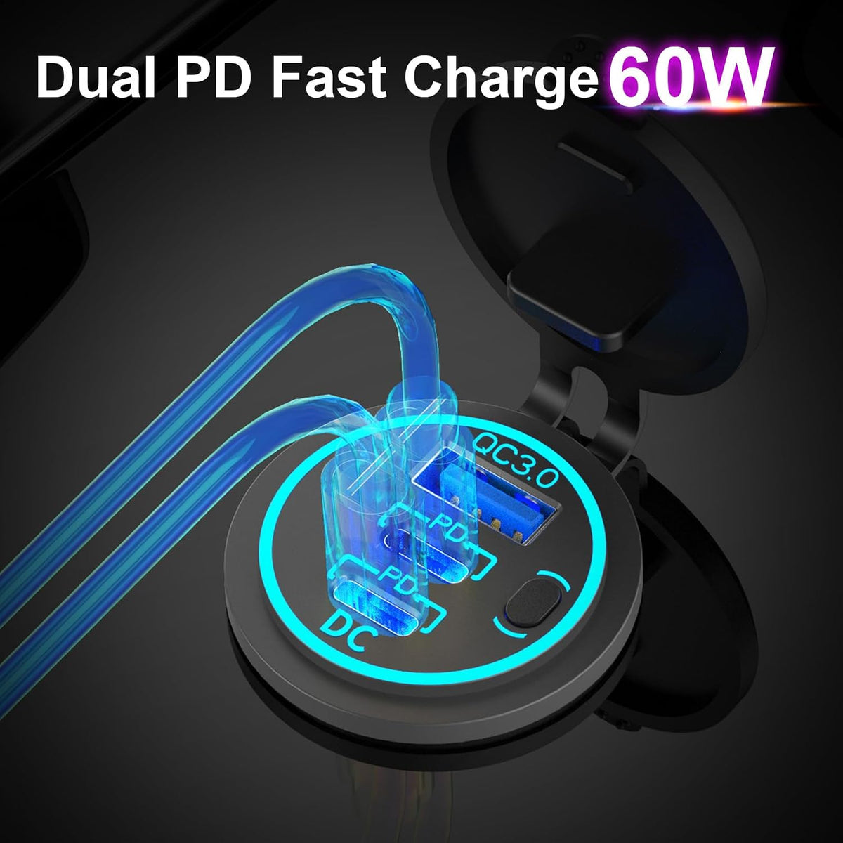 2 Pack USB C Car Charger Socket 12V USB Outlet, 78W Dual 30W PD and 18W QC3.0 Multi Port Cylinder Charger with Button Switch Waterproof for Car Boat RV Marine Golf Cart Truck Bus Motor etc.