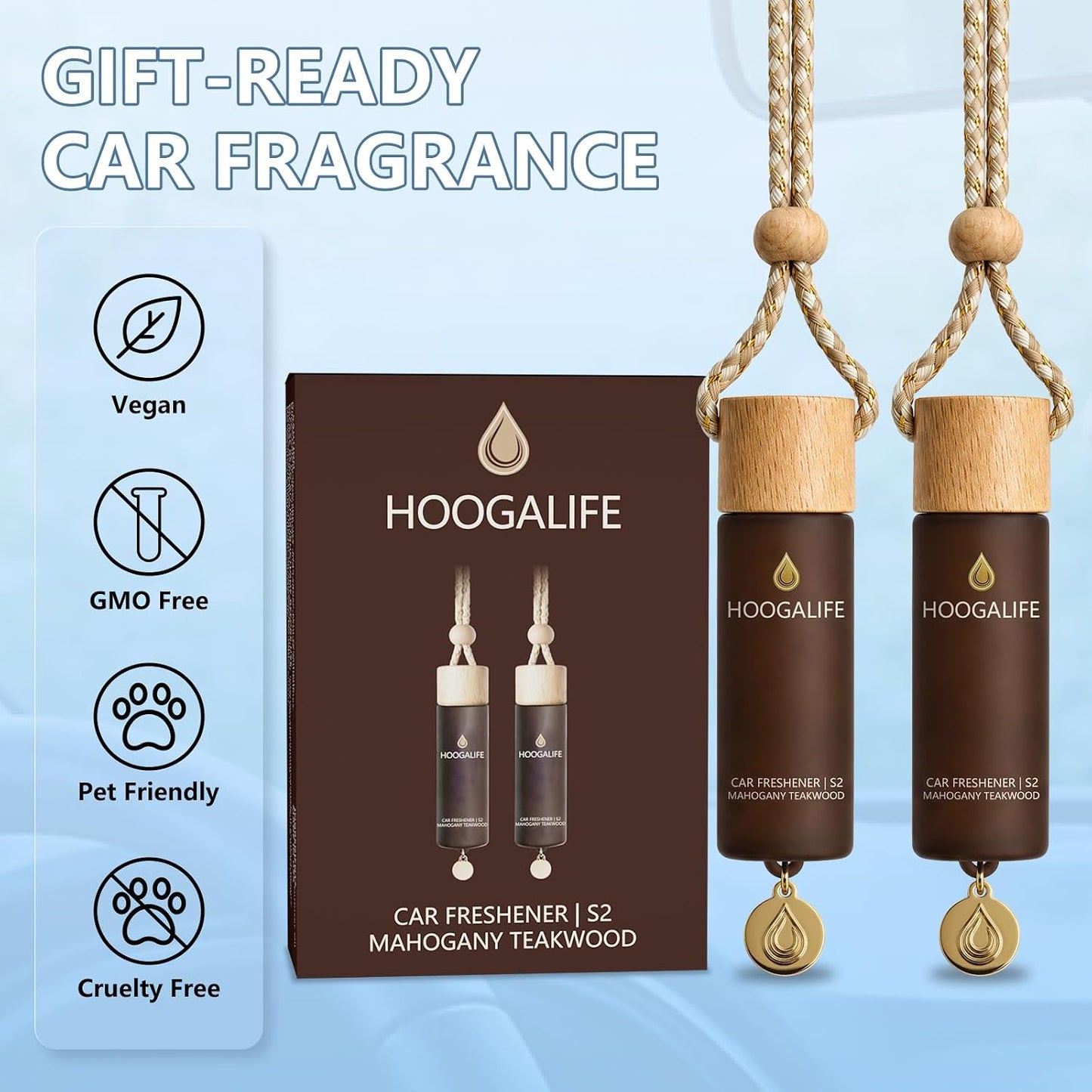 HOOGALIFE Car Air Freshener 2 Pack, Mahogany Teakwood Hanging Diffuser, 45+ Days Long Lasting Scent, Refillable Bottle, Odor Control for Auto Interior, Made in USA