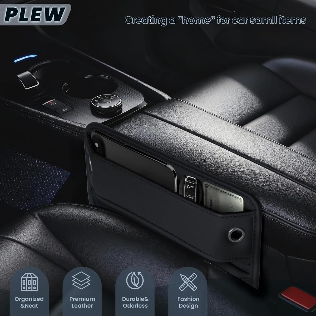 2-Pack Car Seat Gap Filler Organizer - Upgraded Anti-Slip Strap Design - Premium Leather Side Console Pocket - Prevent Phone Falling - (0.2”-1.2" Gaps),Clever Gifts for SUV, Truck & Sedan, Black