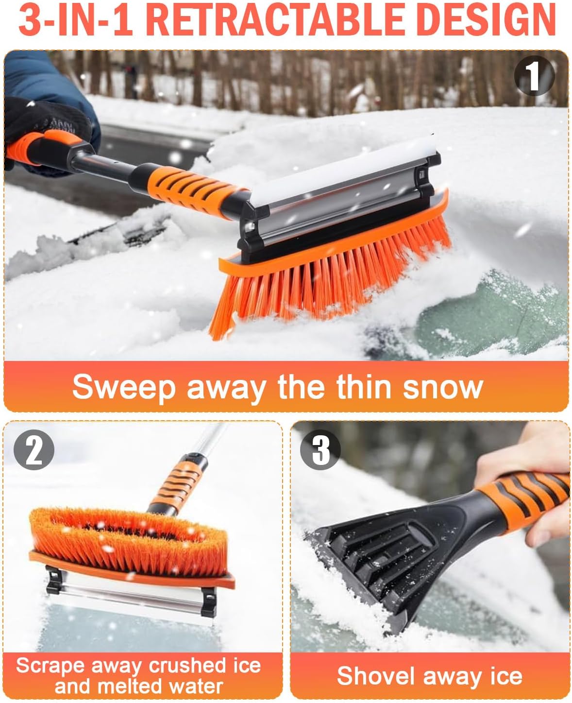 Ice Scrapers for Car Windshield, 43'' Three Stage Extendable Aluminum Alloy Car Snow Scraper and Brush, 180° Pivoting Snow Brush and Ice Scraper for Car, Truck, SUV