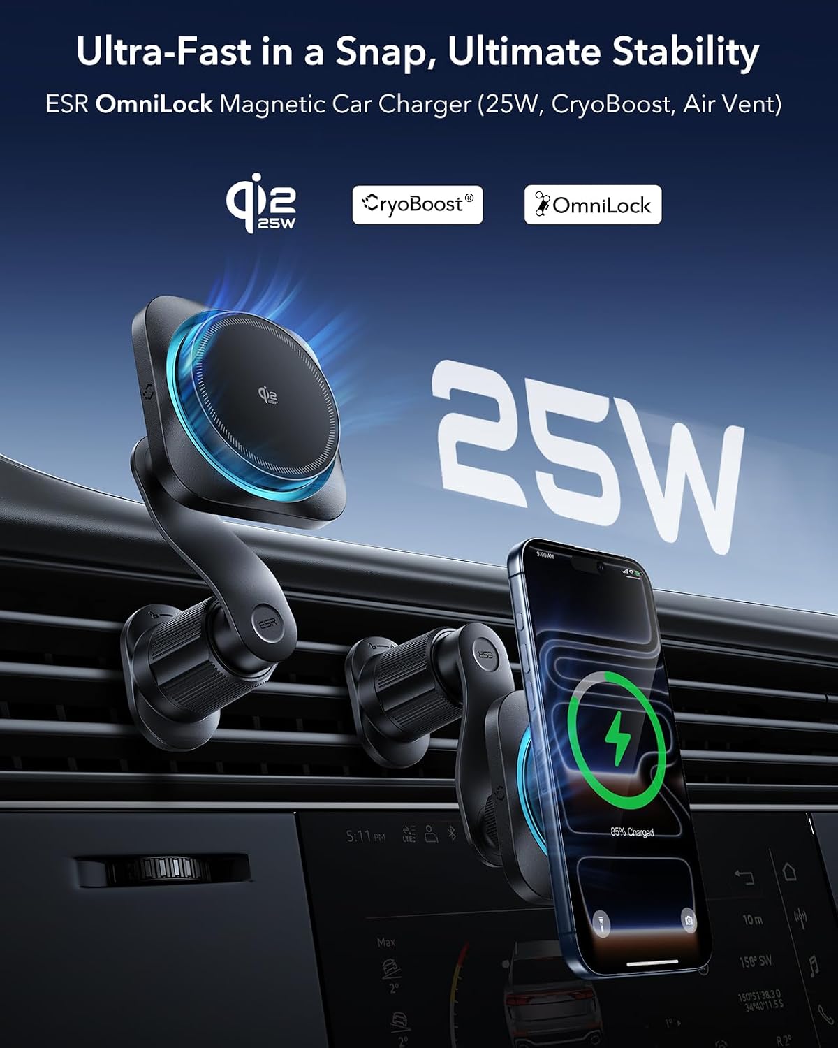 ESR OmniLock Qi2.2 25W Certified MagSafe Car Mount Charger with Cryoboost