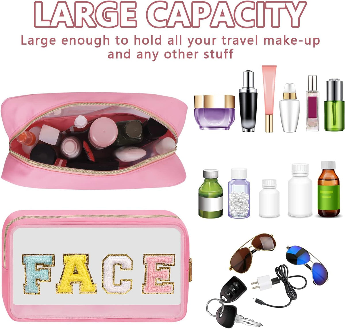 Iqimott Clear Patch Makeup Bag Face Pouch, Preppy Personalized Chenille Letter Cosmetic Pouch for Travel, Nylon Waterproof Organizer Travel Essentials Zipper Toiletry Bags for Women Girls(Pink)