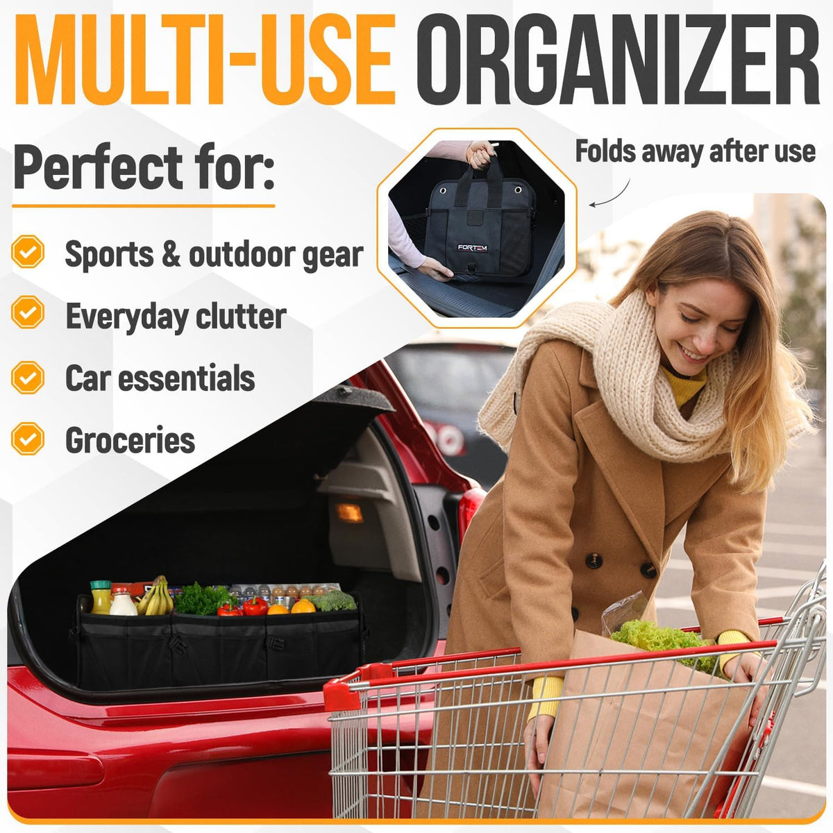 FORTEM Trunk Organizer For SUV Car Organizer and Storage, Multi-Compartment Storage Bag Car Accessories for Women Men, Perfect Christmas Gifts, 1680D Oxford, Non Slip Bottom, Straps, Soft Cover (90L)