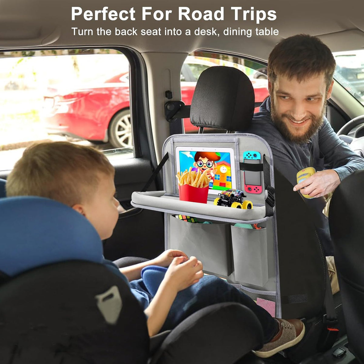 2Pack Car Backseat Organizer with Foldable Table Tray Grey