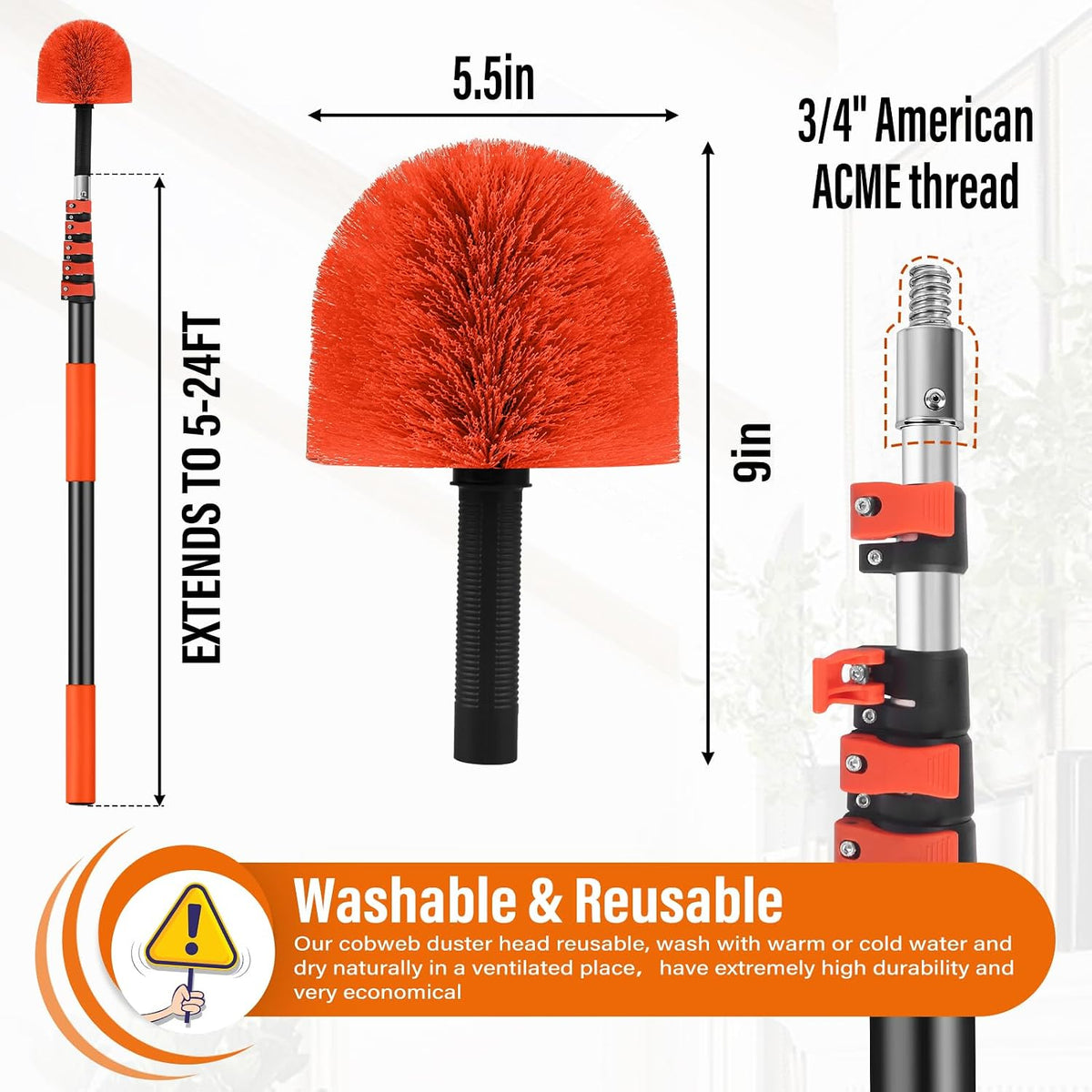 30FT Reach Cobweb Duster with Extension Pole,Spider Web Brush for Cleaning